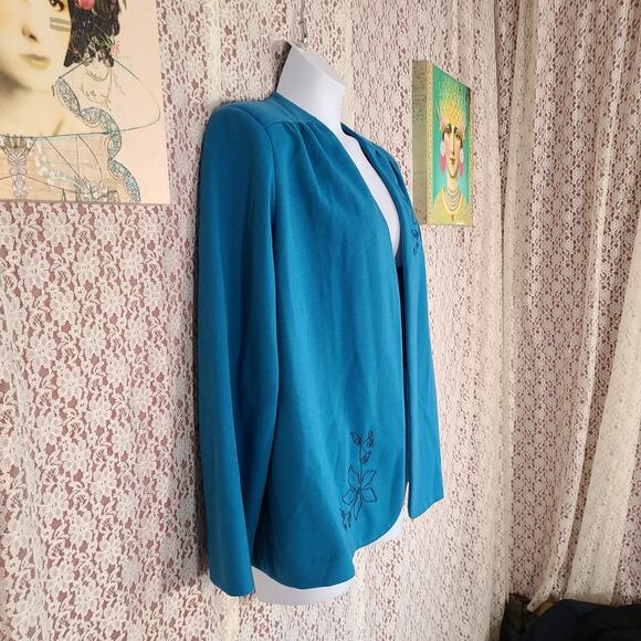 Vintage 90s Lady graff blue open front embroidered tight knit cardigan size xl - Picture 6 of 9